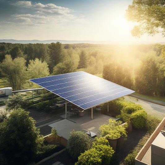 A sunlit rooftop adorned with solar panels, surrounded by green trees, with a foreground displaying various energy-efficient appliances, and a faint outline of dollar signs in the background, symbolizing savings and rebates.
