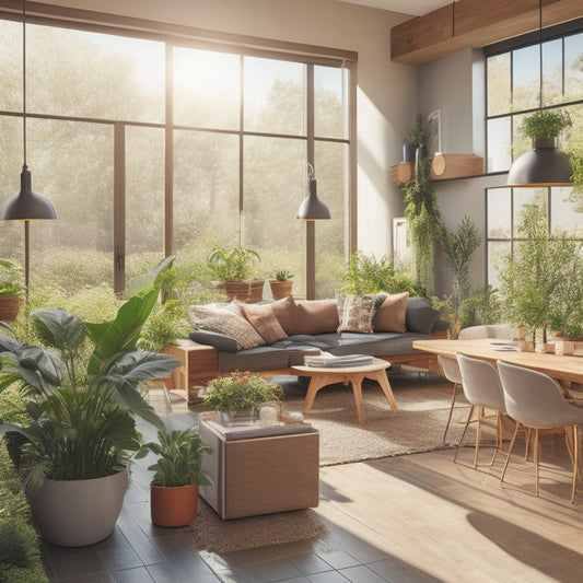 A bright, sunlit room featuring solar panels, indoor plants, energy-efficient appliances, a rainwater collection system, and natural wood accents. A cozy atmosphere with large windows showcasing a vibrant garden outside.