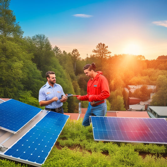 A bright, sunlit residential rooftop adorned with gleaming solar panels, surrounded by lush green trees. A friendly technician in a uniform adjusts the panels, while a satisfied homeowner admires the installation in the background.