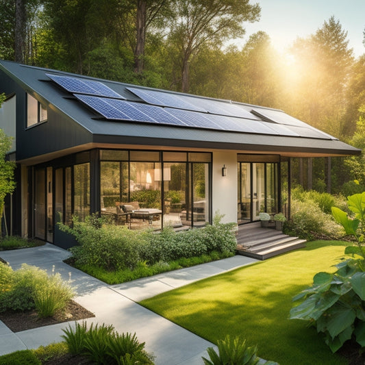 A modern home with sleek solar panels seamlessly integrated into a sloped roof, surrounded by lush greenery, featuring large windows, a sunlit patio, and a vibrant garden, showcasing sustainable living in harmony with nature.