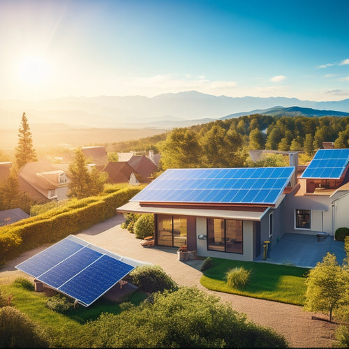 A serene, sun-kissed landscape with multiple rooftops and solar panels in various angles, showcasing different brands and models, surrounded by lush greenery and a bright blue sky with few wispy clouds.