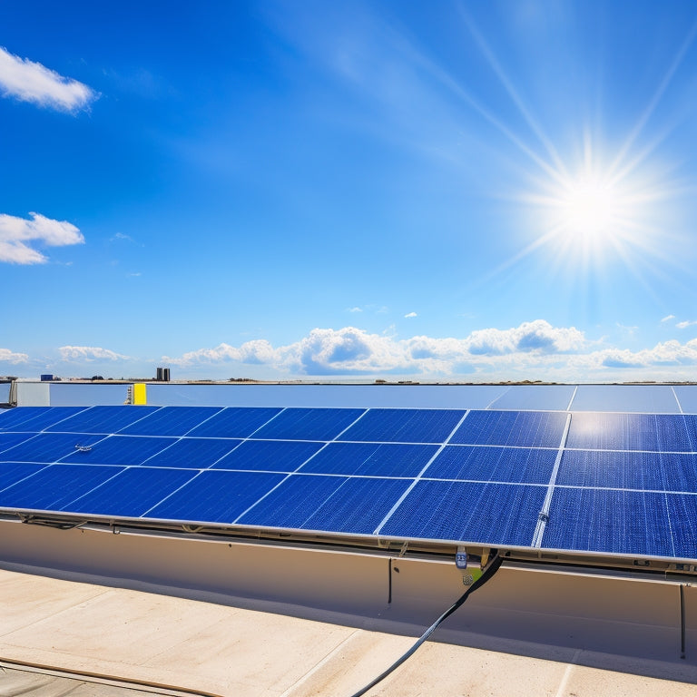 A bright blue sky with fluffy white clouds, a large solar panel installation on a commercial rooftop, and a small, sleek charge controller device in the foreground, with wires and cables organized neatly around it.