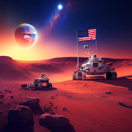 An illustration of the USA flag planted on Mars, surrounded by NASA's robotic rovers and orbiters, with the distant Earth and Sun in the background, set against a starry night sky with vibrant aurora borealis.