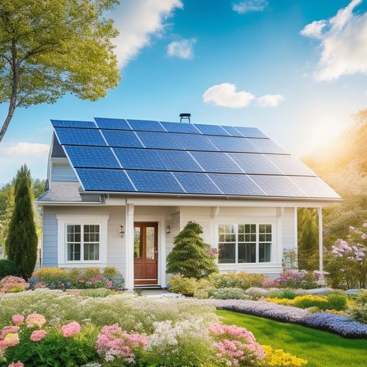 A serene suburban home with a sleek, modern solar panel array on the roof, surrounded by blooming flowers and a bright blue sky with a few wispy clouds.