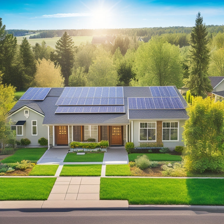 Generate an image of a sunny suburban neighborhood with modern houses adorned with sleek, high-efficiency solar panels on their rooftops, surrounded by lush green lawns and trees, reflecting a clean and sustainable lifestyle.