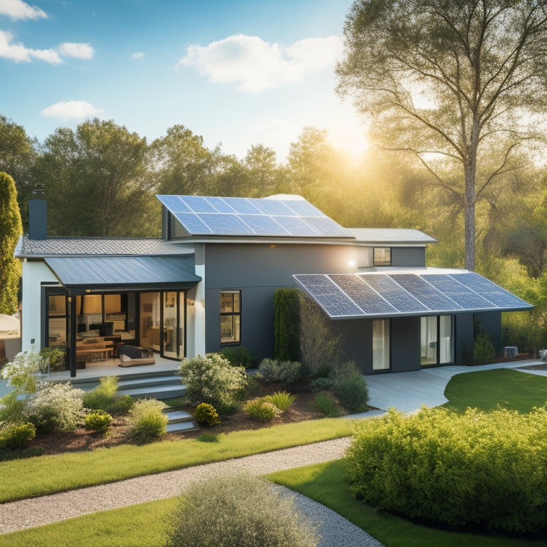 A serene backyard scene featuring sleek solar panels atop a modern home, vibrant greenery, and a stylish solar battery storage unit, all under a clear blue sky, embodying harmony with nature and sustainable living.