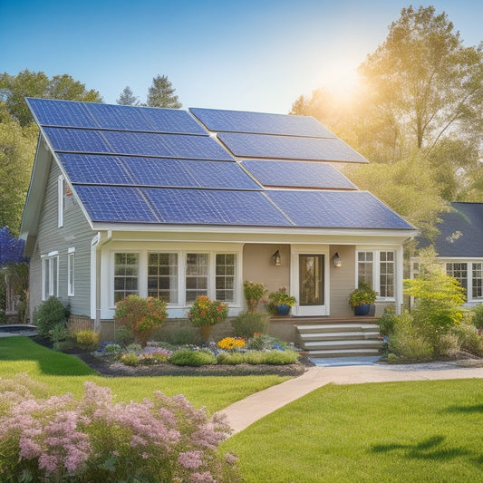 A picturesque suburban home with solar panels glistening on the roof, surrounded by lush greenery, blooming flowers, and a bright blue sky, showcasing eco-friendly living and sustainable energy solutions in harmony with nature.