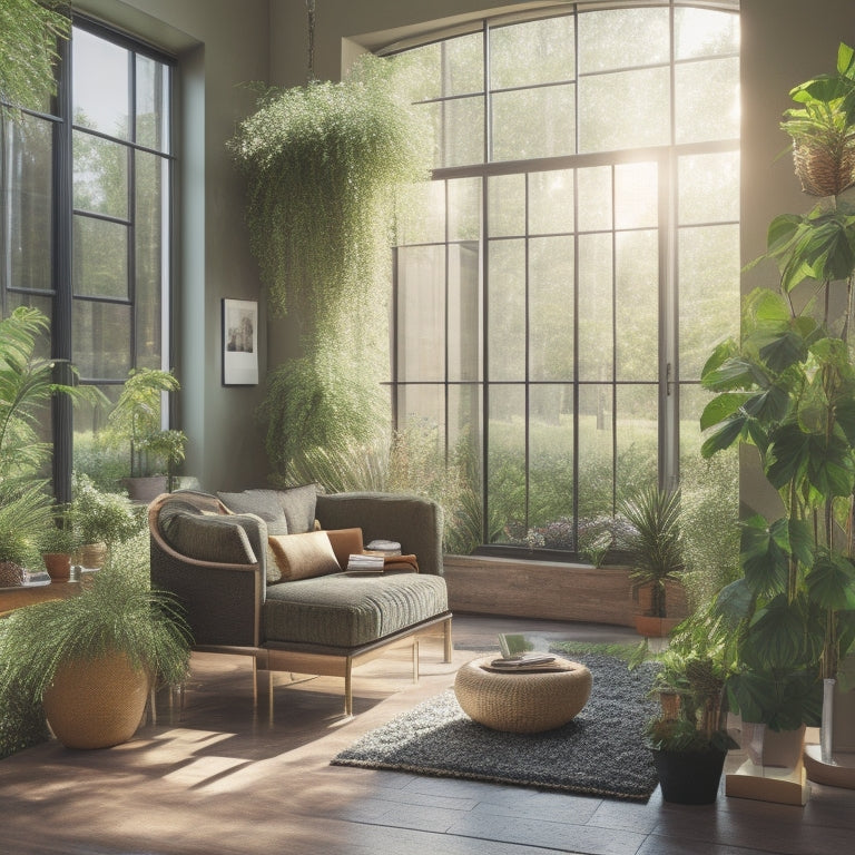 A sunlit room with large, energy-efficient windows showcasing greenery outside, strategically placed mirrors reflecting light, and solar tubes illuminating a cozy space with eco-friendly decor and plants, creating a warm, inviting atmosphere.