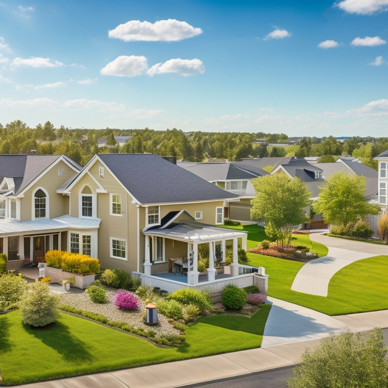 A serene suburban neighborhood with various house styles, each featuring a sleek, black rooftop solar panel installation, amidst a bright blue sky with a few puffy white clouds.