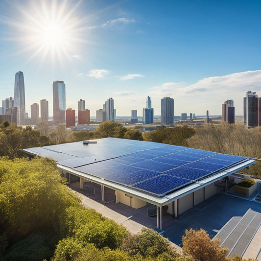 A small business rooftop adorned with sleek solar panels, sunlight glistening on their surface, surrounded by greenery, with a clear blue sky above, and a thriving urban landscape in the background.