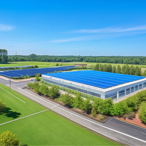 A sunny business park with a large commercial building in the center, covered in solar panels, surrounded by lush greenery and a bright blue sky with few white clouds.