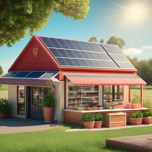 An illustration of a small business storefront with solar panels on the roof, a briefcase and a piggy bank in the foreground, surrounded by greenery and a sunny sky.