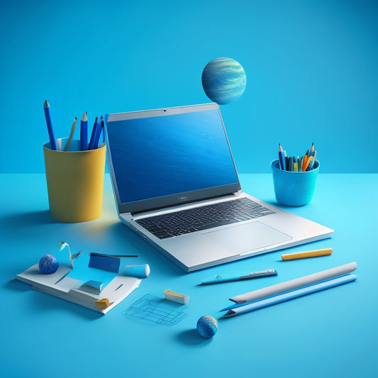 A futuristic, minimalist illustration depicting a laptop screen displaying a 3D solar system design, surrounded by scattered papers, pencils, and a discarded traditional drafting toolset, set against a bright blue background.