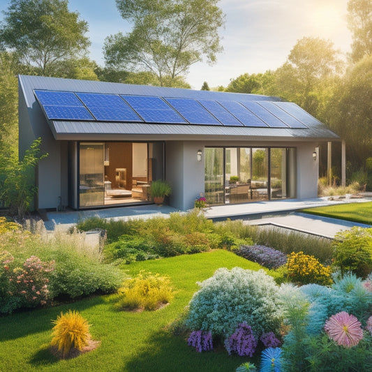 A modern home with sleek solar panels on the roof, surrounded by lush greenery, vibrant flowers, and a clear blue sky. Sunlight glimmers off the panels, highlighting eco-friendly gardens and a rainwater collection system.