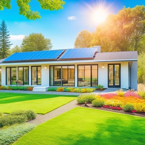 A modern home with sleek solar panels on the roof, sunlight glinting off the panels, surrounded by a lush green lawn, vibrant flower beds, and a clear blue sky, showcasing an inviting and eco-friendly atmosphere.