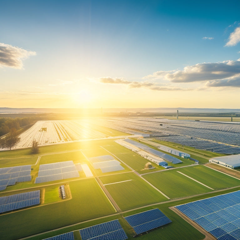 A serene landscape with a vast industrial complex in the background, surrounded by rows of sleek, silver solar panels, with sunbeams radiating from a bright blue sky, highlighting the harmony between industry and nature.