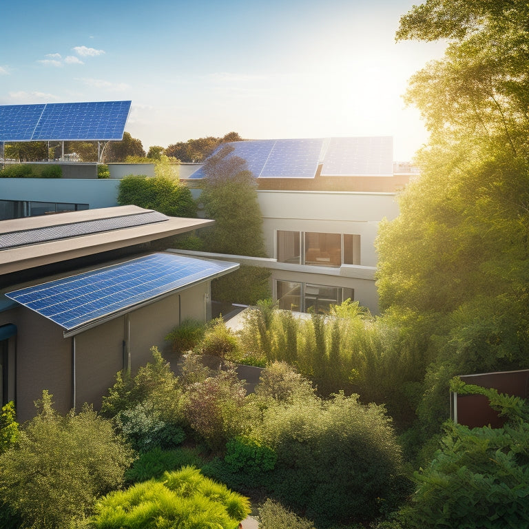 A sunlit rooftop adorned with sleek solar panels, surrounded by lush greenery and a vibrant garden. In the background, a clear blue sky with fluffy clouds, reflecting a sense of sustainability and eco-friendly living.