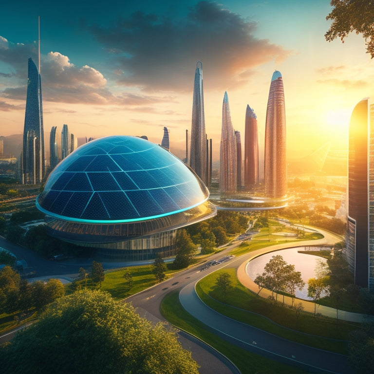 Generate an image depicting a futuristic cityscape at sunset, with sleek skyscrapers and curved roofs integrated with various solar panels, including bifacial, perovskite, and thin-film designs, amidst lush greenery and wind turbines.