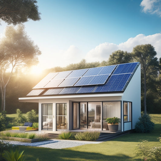 A serene illustration of a small, modern home with solar panels installed on the rooftop, surrounded by lush greenery and a bright blue sky, with a subtle sun symbol in the corner.