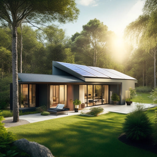 A modern home with solar panels on the roof, surrounded by lush greenery. In the foreground, a sleek solar battery storage unit glows softly, showcasing its advanced technology amidst a bright, sunny day.