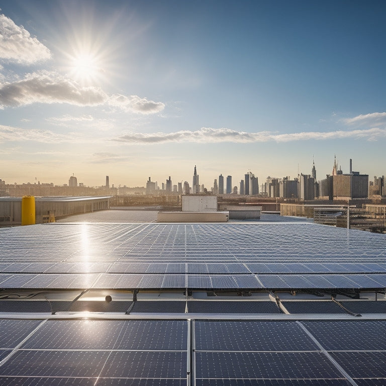 A serene industrial rooftop with rows of sleek, silver solar panels angled towards a bright blue sky, surrounded by city skyscrapers and a subtle grid of wires and mounting systems.