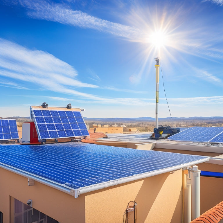 A sunny rooftop with a ladder, toolbox, and a solar panel array in mid-installation, surrounded by scattered roof tiles, wires, and a drill, against a clear blue sky with a few puffy clouds.