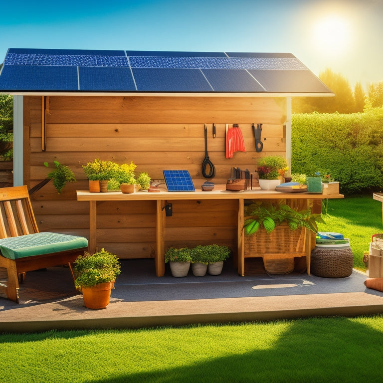 A bright, sunlit backyard scene featuring a beginner-friendly solar panel kit laid out on a wooden workbench, surrounded by tools, instruction manuals, and potted plants, with the sun casting shadows on the grass.