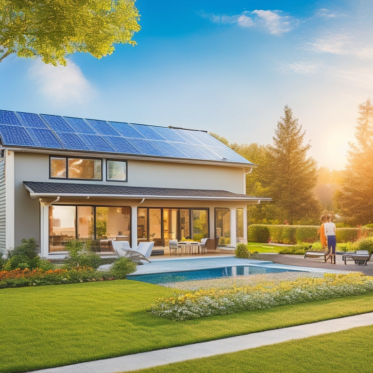 A modern suburban home with sleek solar panels on the roof, surrounded by vibrant green lawns and flower gardens, with a bright sunny sky and a family happily admiring their eco-friendly investment.