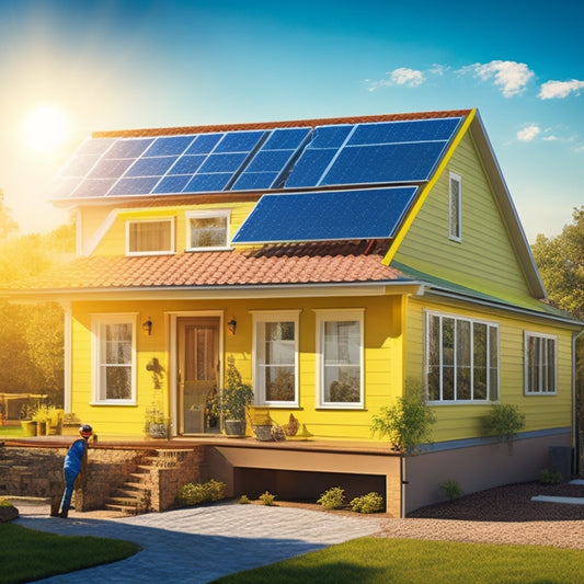 An illustration of a house with a bright yellow sun shining down, solar panels being installed on the roof by a worker in a blue vest, and a green checkmark hovering above each of three steps leading up to the house.