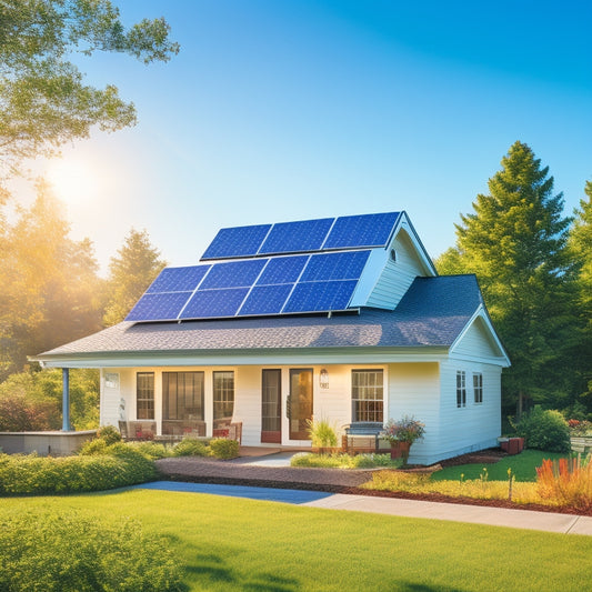 A serene, sunlit suburban home with solar panels installed on the roof, a sleek inverter on the side, and a meter tracking electricity production, surrounded by lush greenery and a clear blue sky.