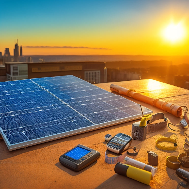 A sunny rooftop with a partially installed solar panel array, surrounded by scattered tools and materials, with a measuring tape and calculator in the foreground.