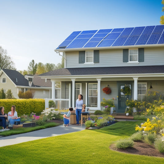 A sunny suburban neighborhood with solar panels on rooftops, a family happily discussing financing options, a calculator and paperwork on a table, green grass and blooming flowers around, conveying a sense of sustainability and optimism.