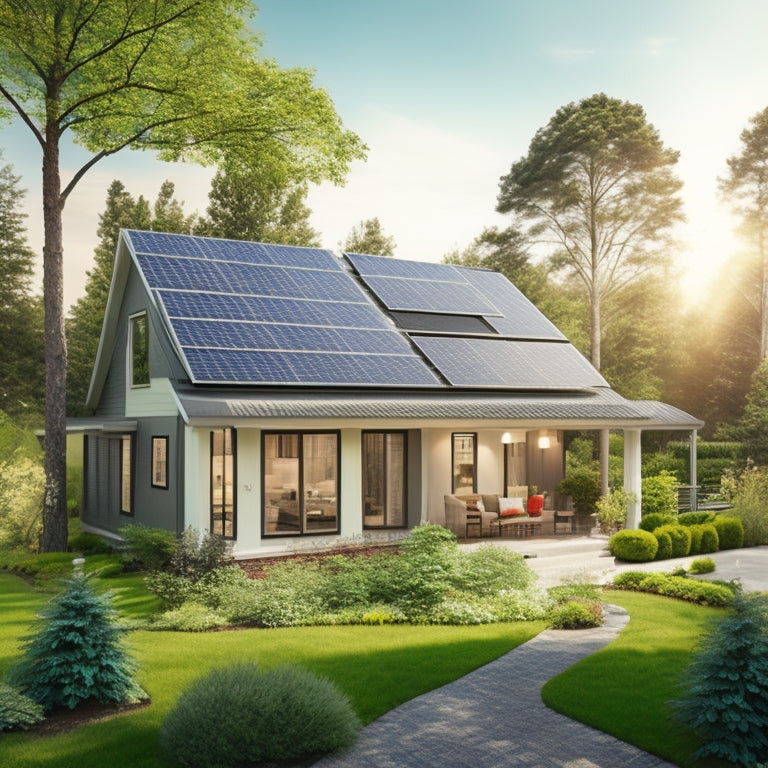 A serene suburban home with a pitched roof, surrounded by lush greenery, featuring a rooftop solar panel array with varying numbers of panels (5, 10, 15, 20) in different sections.