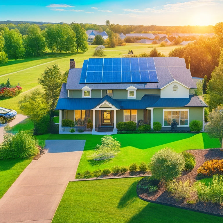 A serene, sun-kissed suburban landscape with a mix of traditional and modern homes, each adorned with sleek, black solar panels, surrounded by lush greenery and a clear blue sky.