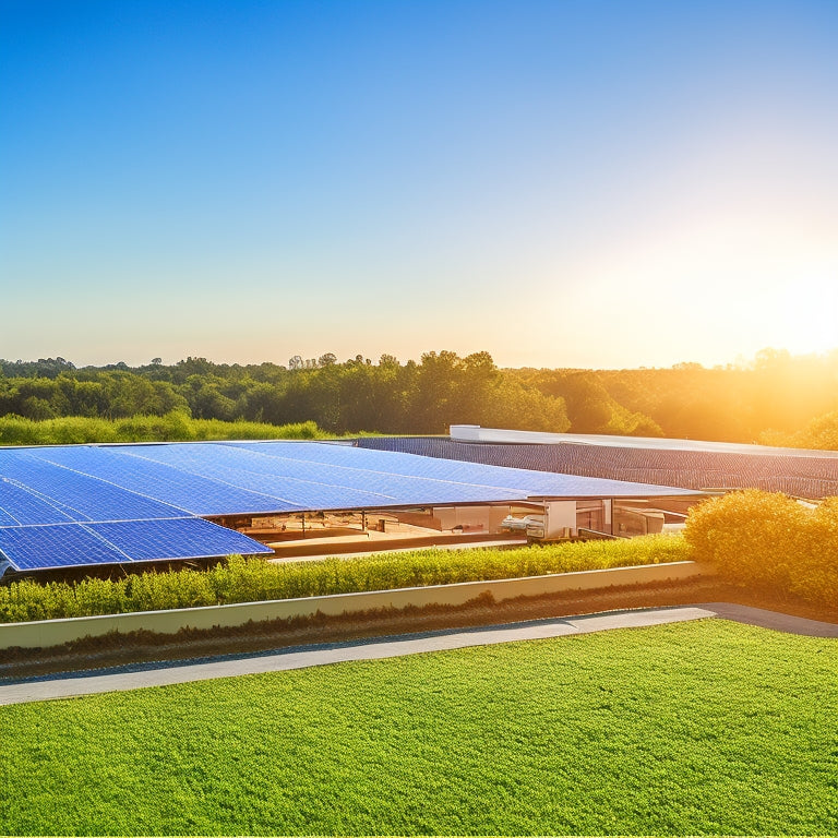 A serene landscape with a large, sleek commercial building in the background, its rooftop covered in rows of shiny solar panels, surrounded by lush greenery and a bright blue sky.