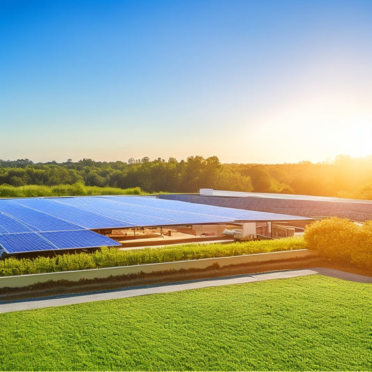 A serene landscape with a large, sleek commercial building in the background, its rooftop covered in rows of shiny solar panels, surrounded by lush greenery and a bright blue sky.