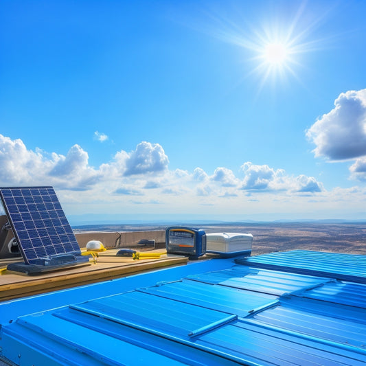 A bright blue sky with fluffy white clouds, a rooftop with a grid of sleek, black solar panels, and a toolbox in the foreground with a wrench, pliers, and a multimeter arranged neatly on top.