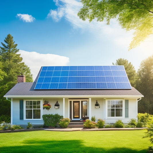 A serene suburban home with solar panels installed on the roof, surrounded by lush green trees, and a bright blue sky with a few white, puffy clouds.
