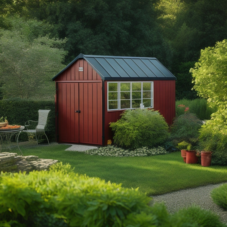 A serene backyard scene featuring a small, rusty-red shed with a sloping roof, partially covered in sleek, black solar panels, surrounded by lush greenery and a few scattered garden tools.