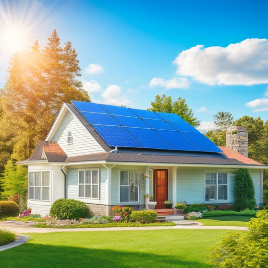 A serene suburban home with solar panels installed on its roof, surrounded by lush greenery and a bright blue sky with a few white, puffy clouds.