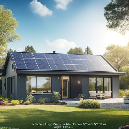 A serene suburban home with a sloping roof adorned with sleek, black solar panels glistening under the sun, surrounded by lush greenery, showcasing different panel types and a clear blue sky above.