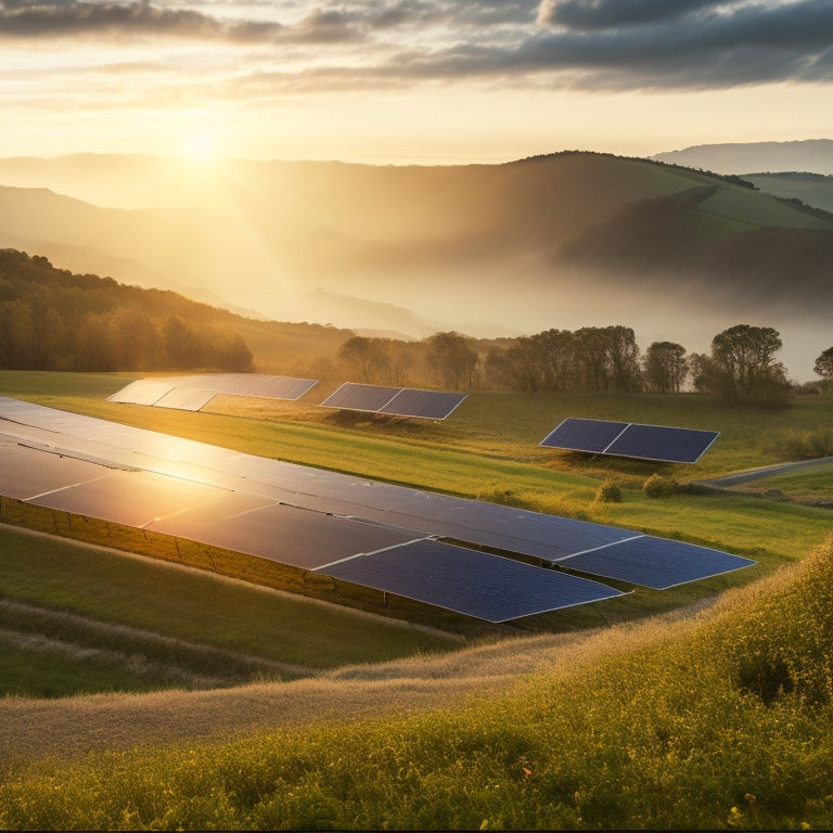 A serene landscape with a vast array of solar panels on rolling hills, surrounded by lush greenery, with a faint misty atmosphere and a subtle sun peeking from behind clouds.