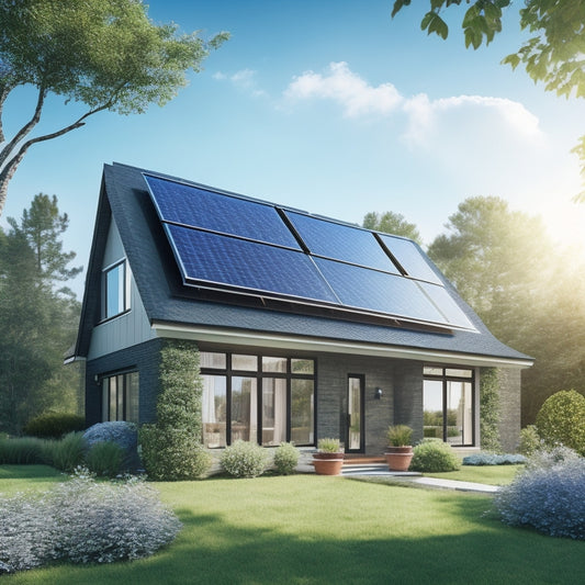 A serene suburban home with a sleek, black solar panel array on the roof, surrounded by lush greenery, with a few windows and a chimney, under a bright blue sky with a few puffy white clouds.