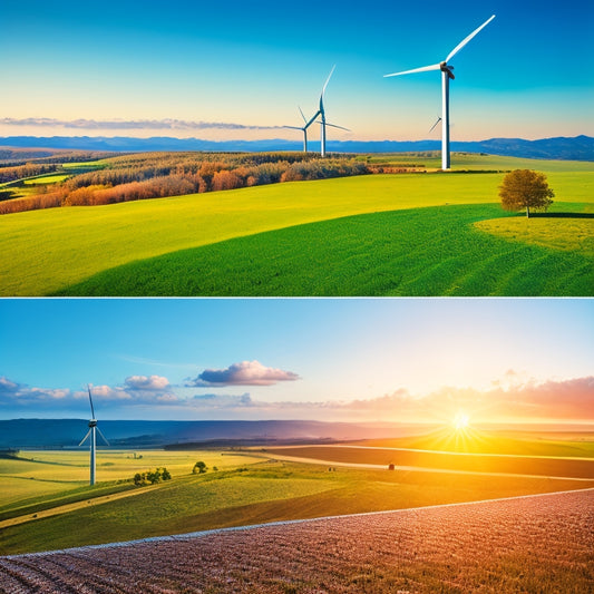 A vibrant landscape showcasing wind turbines and solar panels against a blue sky, with diverse people collaborating around a green energy blueprint, illustrating the impact of renewable energy policy changes on communities and nature.