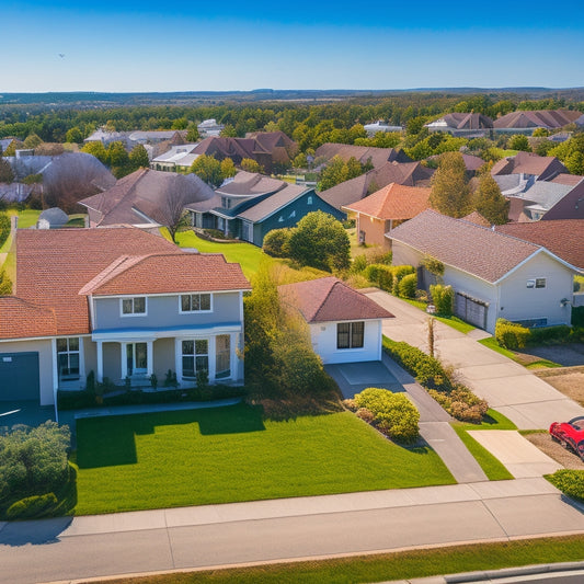 An aerial view of a suburban neighborhood with a mix of houses, some with solar panels on rooftops, others without, amidst a backdrop of blue sky and fluffy white clouds.