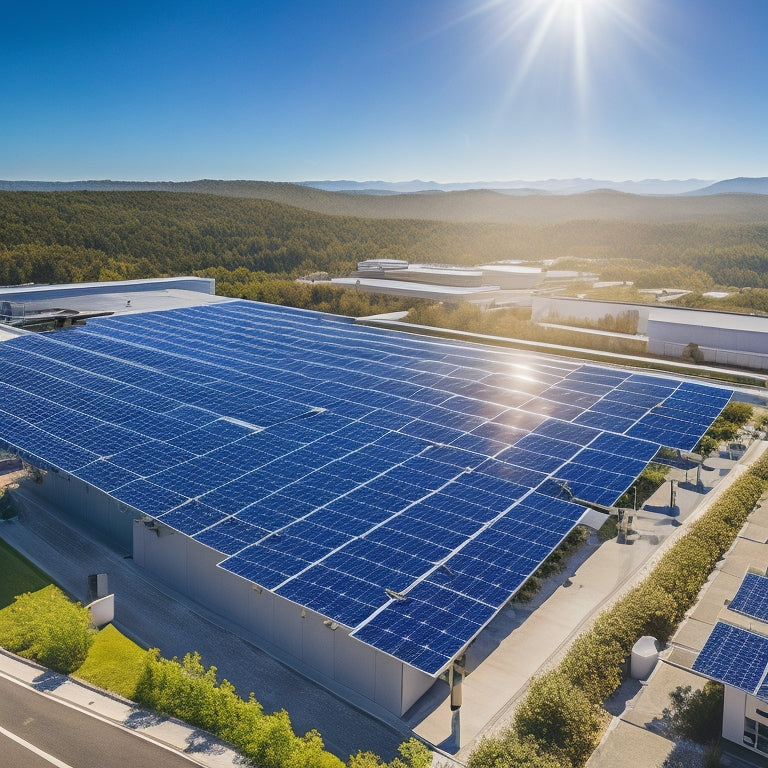 High-angle view of sleek commercial buildings with large, efficient solar panels on rooftops under a clear blue sky, sun shining brightly, reflecting off the panels, and lush greenery surrounding the structures.