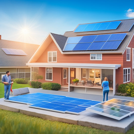 Illustration of a house with solar panels, a magnifying glass examining blueprints, happy homeowners shaking hands with a solar installer, and charts showing cost savings and energy efficiency.