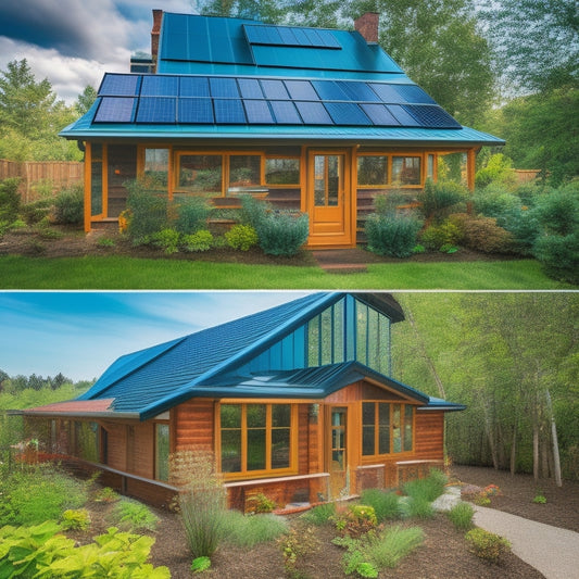 A vibrant eco-home showcasing exterior walls made from colorful recycled glass bottles, a roof of reclaimed wood shingles, and a garden adorned with upcycled metal sculptures, all surrounded by lush greenery and solar panels.