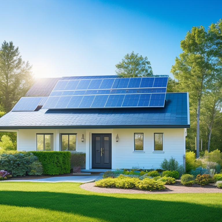 A serene suburban home with a sleek, modern solar panel array on the roof, surrounded by lush greenery and a bright blue sky with fluffy white clouds, conveying a sense of eco-friendliness and energy efficiency.