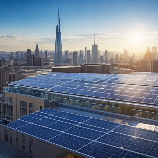 A sleek, modern rooftop adorned with an array of high-efficiency solar panels under a clear blue sky, with a backdrop of a bustling city skyline featuring glass office buildings reflecting sunlight.